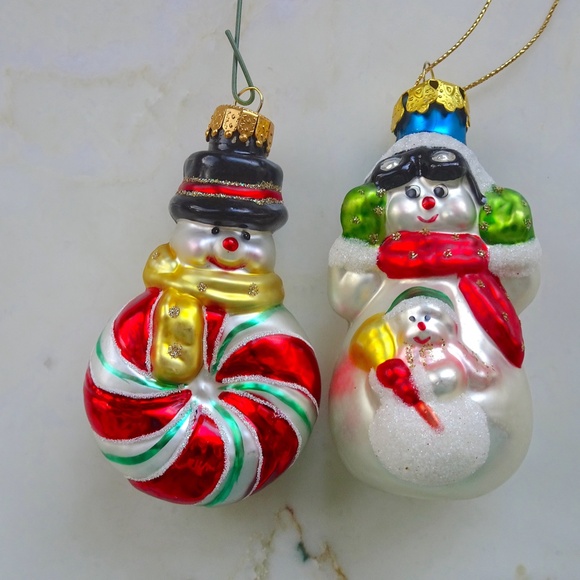 Set of 2 Classic Christmas Snowman Glass Glitter Retro Xmas Holiday Ornaments - Picture 2 of 11